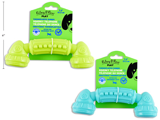 Carton of 12 7-5/8in x 2-3/8in TPR Squeaky Telephone. Colours: Green / Blue. t.o.c.