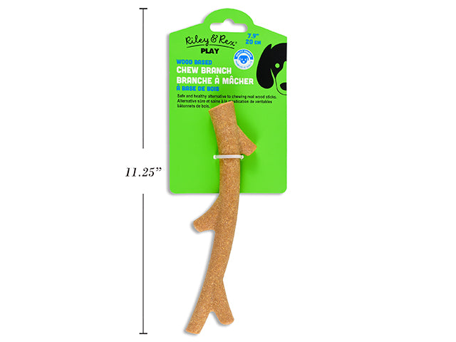 Carton of 12 7-7/8in Wood Based Dog Chew Branch. 3 % Wood + 97% PP. Backer Card.