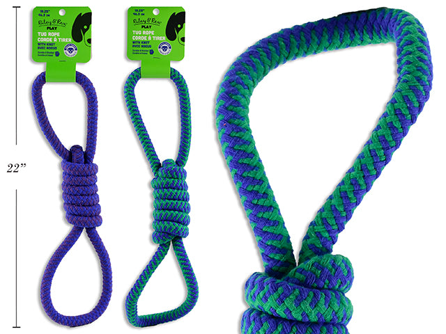 Carton of 12 18.25in x 2.5in Jumbo Rope Tug Toy w/Knot. 2 Asst.Colours. Wrap Header.