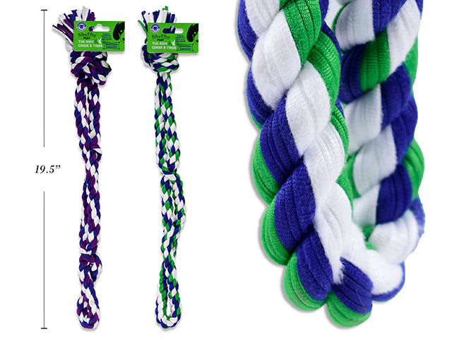 Carton of 12 20in Rope Tug Toy w/4 Knots. 2 Asst.Colours. J-hook w/Cht.