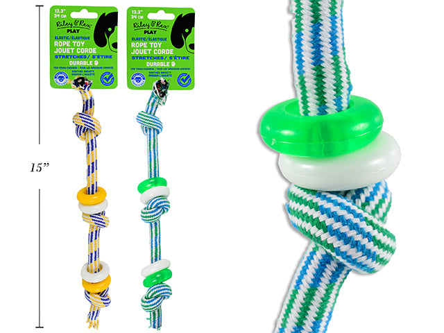 Carton of 12 13-1/3in Elastic Rope Toy w/3 Knots + 4 Rings. 2 Asst.Colours: Green / Yellow.. Header Card.