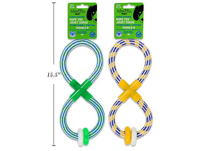 Carton of 12 10-5/8in Elastic 8-Shaped Rope Toy w/Rings. 2 Asst.Colours: Green / Yellow.. Header Card.