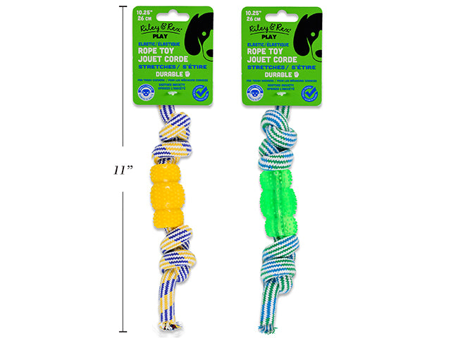 Carton of 12 10.25in Elastic Rope Knots w/Bone. 2 Asst.Colours: Green / Yellow. Header Card.