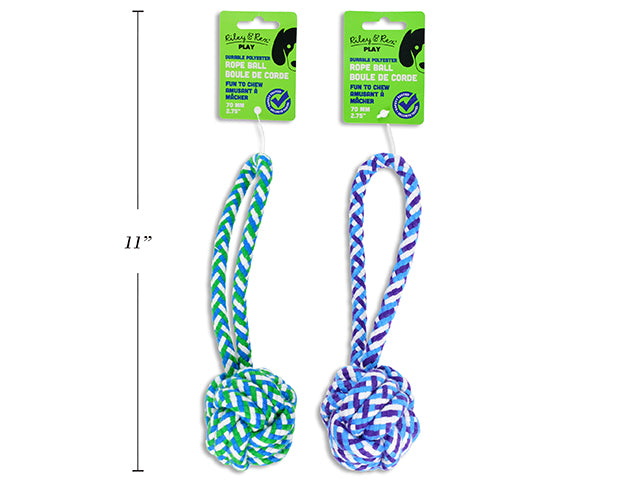 Carton of 12 7-5/8in(L) 70mm Polyester DOG Rope Ball w/Handle. 65g. 2 Asst.Colours. h/c.