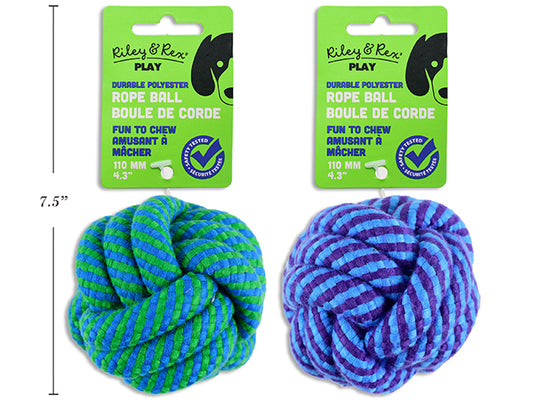 Carton of 12 110mm Polyester DOG Rope Ball. 140g. 2 Asst.Colours. h/c.