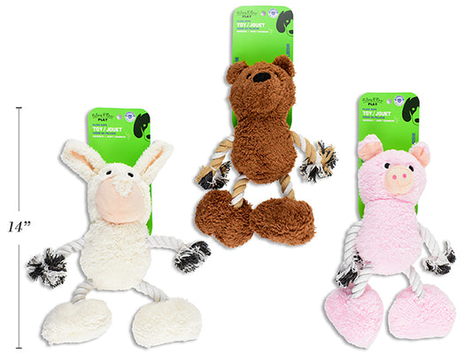 Carton of 12 12in x 9in Squeaky Plush Animal Rope Toy. 3 Asst.: Pig / Bear / Sheep. T.o.c.