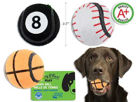 Carton of 12 63mm Dog Toy Squeaky Sport Tennis Ball. 3 Asst.Styles. J-hook w/Cht.