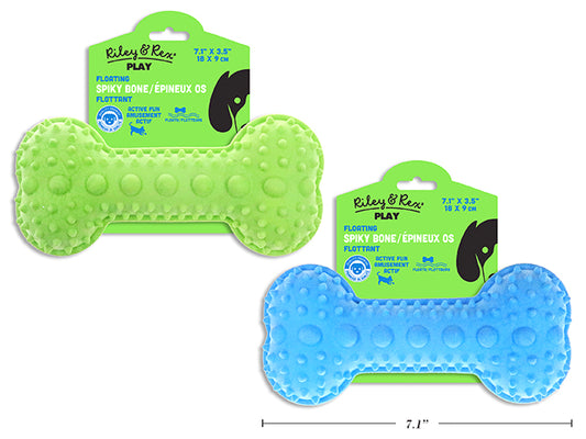 Carton of 12 7.1in x 3.5in Foam TPR Floating Spiky Bone Dog Toy. 2 Asst.Colours. h/c.