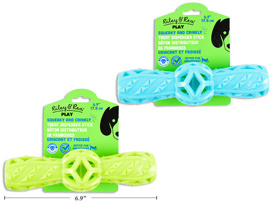 Carton of 12 6.9in TPR Squeaky & Crinkle Treat Dispenser Stick Dog Toy. 2 Asst.Colours. h/c.