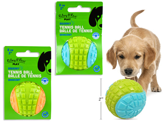 Carton of 12 50mm 2-Tone Soft Squeaky TPR Tennis Ball Dog Toy. 2 Asst.Colours. Sleeve Card.