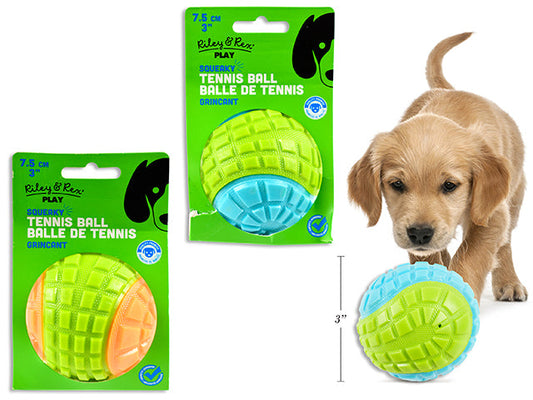 Carton of 12 75mm 2-Tone Soft Squeaky TPR Tennis Ball Dog Toy. 2 Asst.Colours. Sleeve Card.