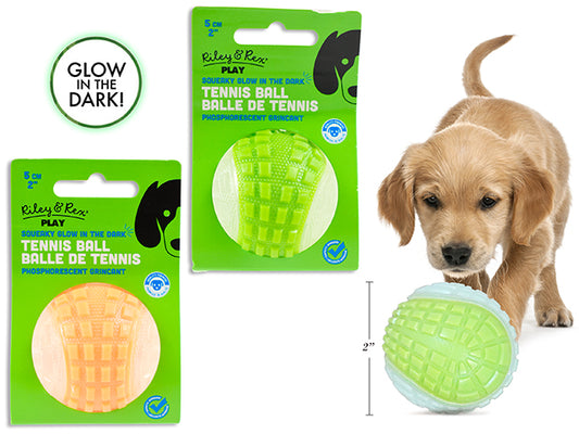 Carton of 12 50mm 2-Tone GID Soft Squeaky TPR Tennis Ball Dog Toy. 2 Asst.Colours. Sleeve Card.