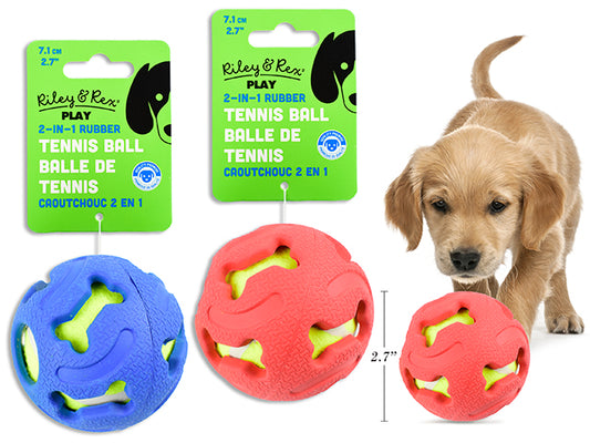 Carton of 12 71mm 2-in-1 Rubber Tennis Ball Dog Toy. 2 Asst.Colours. h/c.