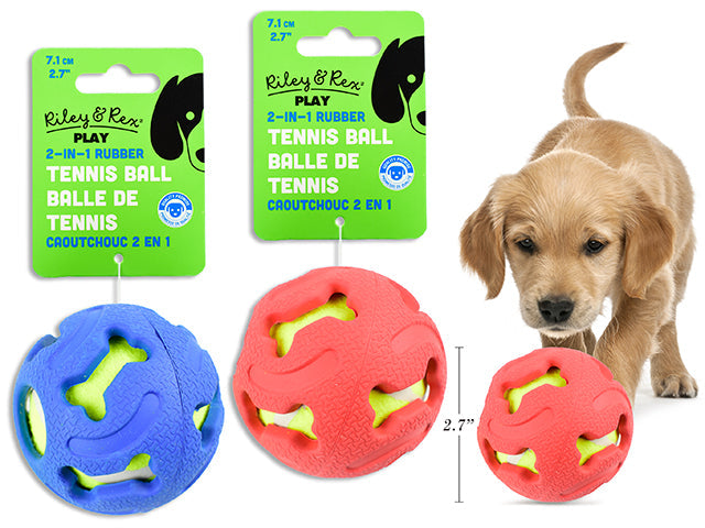 Carton of 12 71mm 2-in-1 Rubber Tennis Ball Dog Toy. 2 Asst.Colours. h/c.