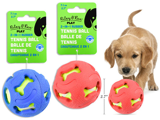 Carton of 12 71mm 2-in-1 Rubber Tennis Ball Dog Toy. 2 Asst.Colours. h/c.
