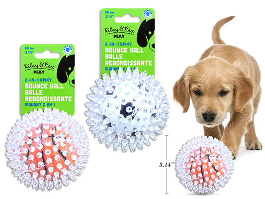 Carton of 12 80mm 2-in-1 TPR Spiky Bounce Ball Dog Toy. 2 Asst.: Soccer / Basketball. h/c.