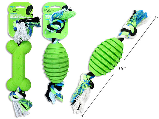 Carton of 6 16in Heavy Duty Rubber Bone / Rugby w/Knotted Rope Dog Toy. 2 Asst.Styles. Wrap Header.