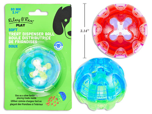 Carton of 12 80mm 2-Tone Soft TPR Treat Dispenser Ball Dog Toy. 2 Asst.Colours. b/c.