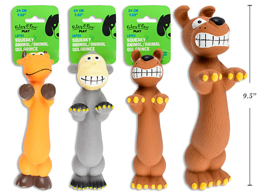 Carton of 12 9.50in Latex Squeaky Standing Animal Dog Toy. 3 Asst.: Puppy / Monkey / Bull. h/c.