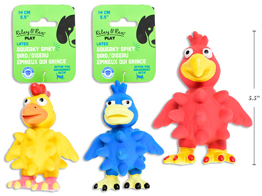 Carton of 12 5.5in Latex Squeaky Spiky Bird Dog Toy. 3 Asst.Styles. h/c.