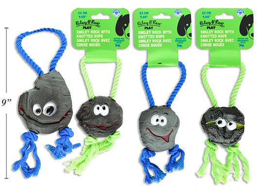 Carton of 12 9.05in Vinyl Smiley Rock w/Knotted Rope Dog Toy. 4 Asst.Styles. Wrap Header.