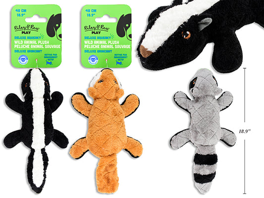 Carton of 12 18.9in Deluxe Squeaky Wild Animal Plush Dog Toy. 3 Asst.: Racoon / Fox / Skunk. h/c.