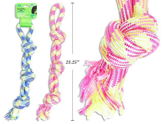 Carton of 12 23.25in Jumbo Polyester Rope Tug Toy w/3 Knots. 2 Asst.Colours. Wrap Header.
