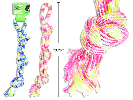 Carton of 12 23.25in Jumbo Polyester Rope Tug Toy w/3 Knots. 2 Asst.Colours. Wrap Header.