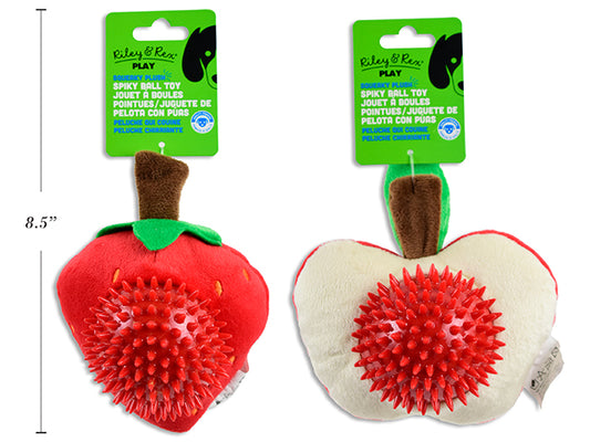 Carton of 12 Squeaky Plush Fruit w/TPR Spiky Ball Dog Toy. 2 Asst.: Apple / Strawberry. h/c.