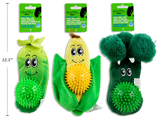 Carton of 12 Squeaky Plush Vegetable w/TPR Spiky Ball Dog Toy. 3 Asst.: Cucumber / Broccoli / Corn. h/c.