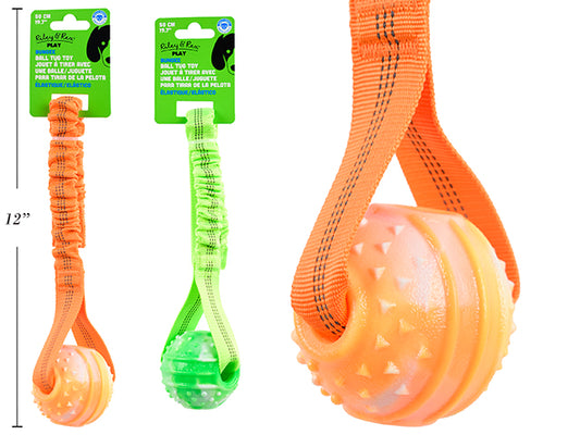 Carton of 12 19.7in Bungee Tug Dog Toy w/ TPR Ball. 2 Cols: Lime Green / Orange. h/c.
