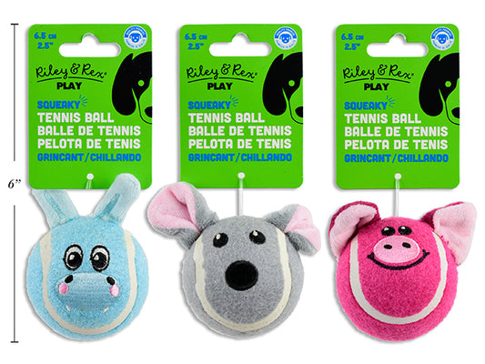 Carton of 12 65mm Animal Squeaker Tennis Ball Dog Toy. 3 Asst.: Hippo / Pig / Mouse. h/c.