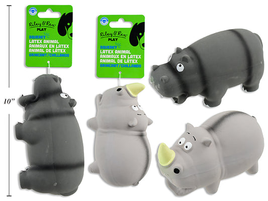 Carton of 12 Latex Squeaky Rhinoceros / Hippo Dog Toy. 2 Asst.Styles. h/c.