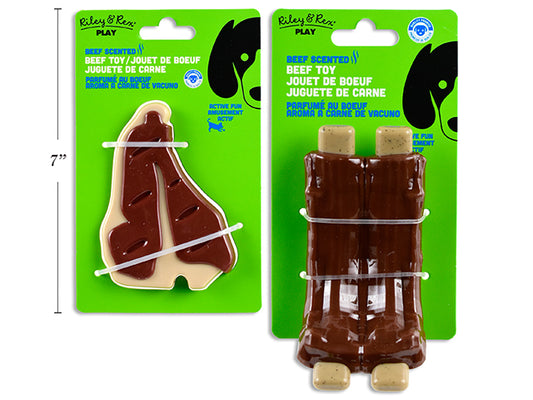 Carton of 12 Nylon w/TPR Bacon Scented Dog Toy - BEEF. 3 Asst.: Bone / Ribs / Steak. T.o.c.