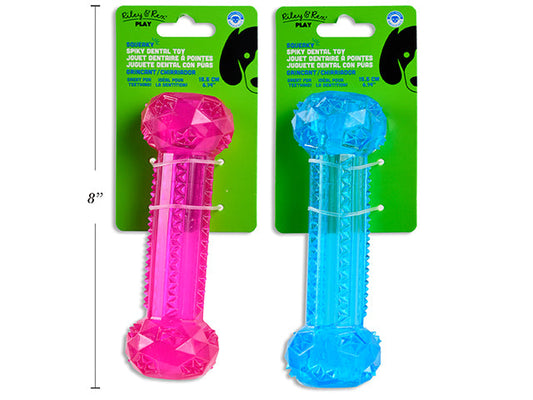 Carton of 12 6.14in Squeaky TPR Dental Spiky Stick Dog Toy. 2 Cols: Fuchsia / Blue. T.o.c.
