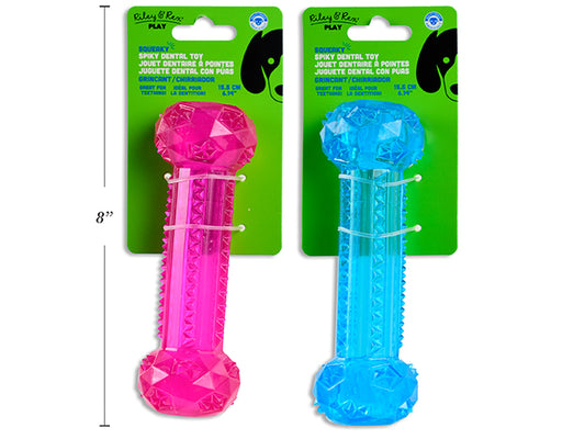 Carton of 12 6.14in Squeaky TPR Dental Spiky Stick Dog Toy. 2 Cols: Fuchsia / Blue. T.o.c.