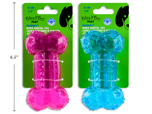 Carton of 12 4.8in Squeaky TPR Dental Spiky Bone Dog Toy. 2 Cols: Fuchsia / Blue. T.o.c.