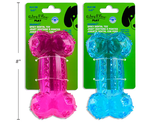 Carton of 12 5.67in Squeaky TPR Dental Spiky Bone Dog Toy. 2 Cols: Fuchsia / Blue. T.o.c.
