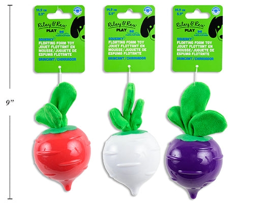 Carton of 12 5.9in Foam TPR Floating Squeaky Radish. 3 Asst.Colours. h/c.
