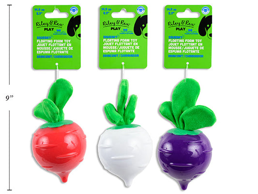Carton of 12 5.9in Foam TPR Floating Squeaky Radish. 3 Asst.Colours. h/c.