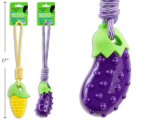 Carton of 12 Squeaky TPR Vegetable Dog Toy w/Rope Handle. 2 Asst.: Eggplant / Corn. h/c.