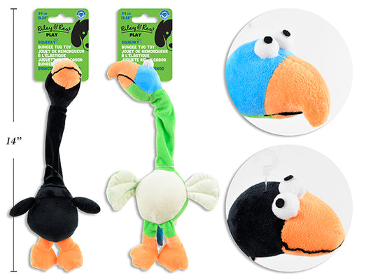 Carton of 12 13.38in Squeaky Bungee Neck Plush Bird Tug Toy. Strech to 15in. 2 Asst.Styles. h/c.