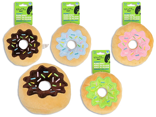 Carton of 12 5.9in(D) Squeaky Plush Donut Dog Toy. 4 Asst.Colours. h/c.