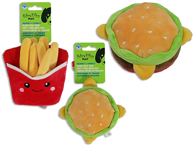 Carton of 12 Squeaky & Crinkle Plush Fast Food Dog Toy. 2 Asst.: Hamburger / Fries. h/c.