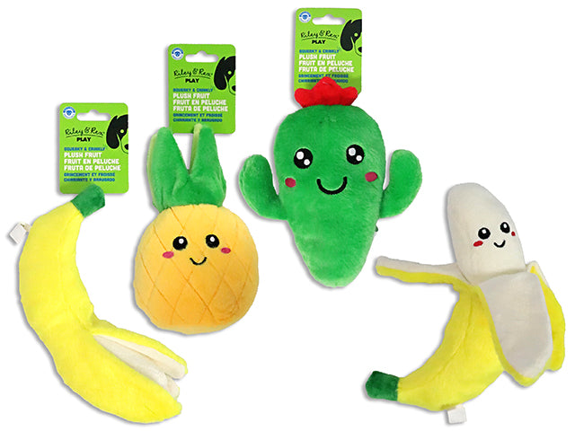 Carton of 12 Squeaky & Crinkle Plush Fruit wEmbroidered Face Dog Toy. 3 Asst: Banana / Pineapple / Cactus. h/c.