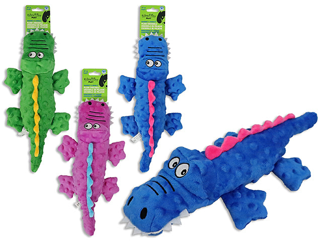 Carton of 12 14.57in Squeaky & Crinkle Plush Crocodile Dog Toy. 3 Asst.Colours. h/c.