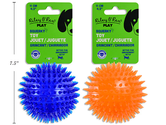 Carton of 12 110mm Squeaky Spiky TPR Ball Dog Toy. 2 Asst.Colours. h/c.