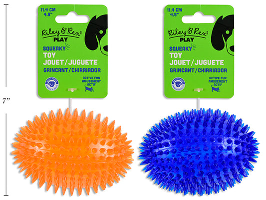 Carton of 12 4.5in Squeaky Spiky TPR Football Dog Toy. 2 Asst.Colours. h/c.