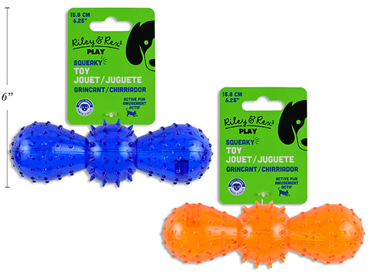 Carton of 12 6.25in Squeaky Spiky TPR Bowtie Dog Toy. 2 Asst.Colours. h/c.