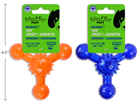 Carton of 12 5.5in x 5in Squeaky Spiky TPR Jax Dog Toy. 2 Asst.Colours. h/c.